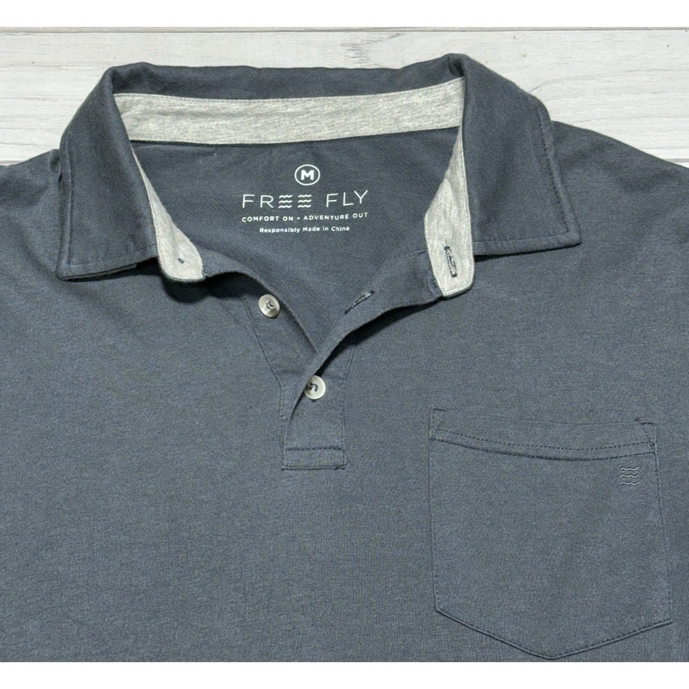 Free Fly Polo Mens M Blue Gray Pocket Bamboo Cotton Blend Comfort Outdoor
